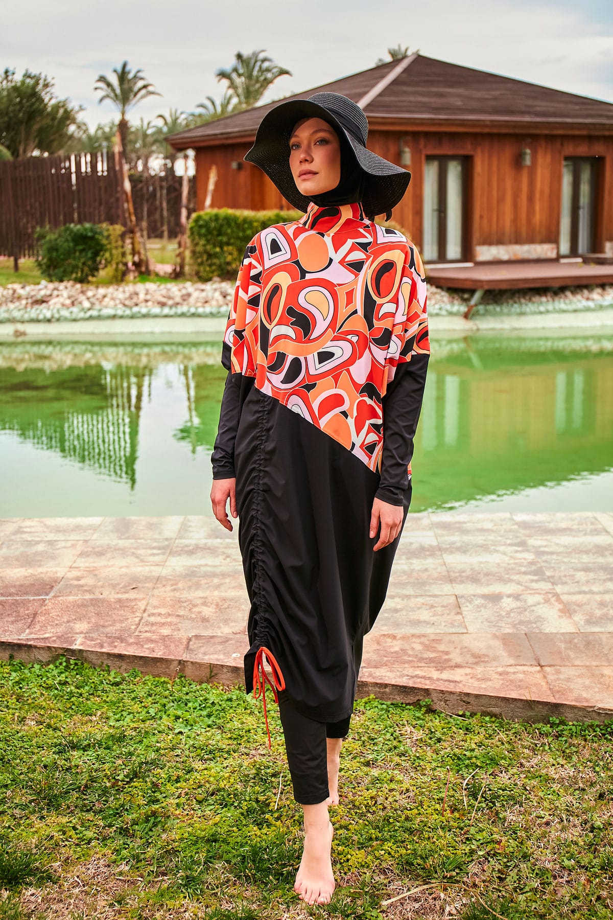 Orange & Black Abstract Parachute Burkini Swimwear with Hijab - BAE - Before Anything Else
