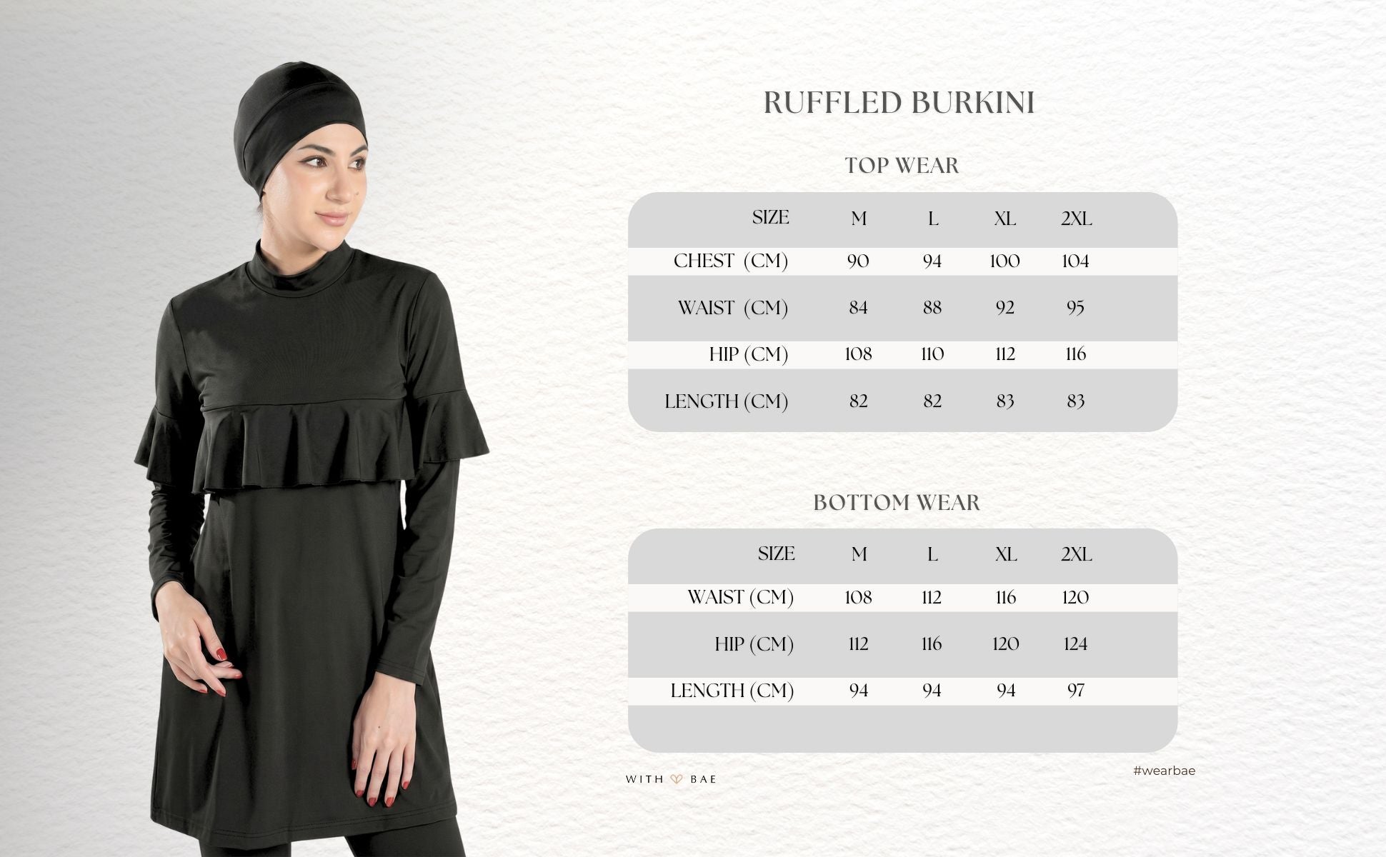 Black 4-piece BAE Modest burkini set with full hijab, long sleeves, ruffled pleated design, and flexible Lycra fabric.