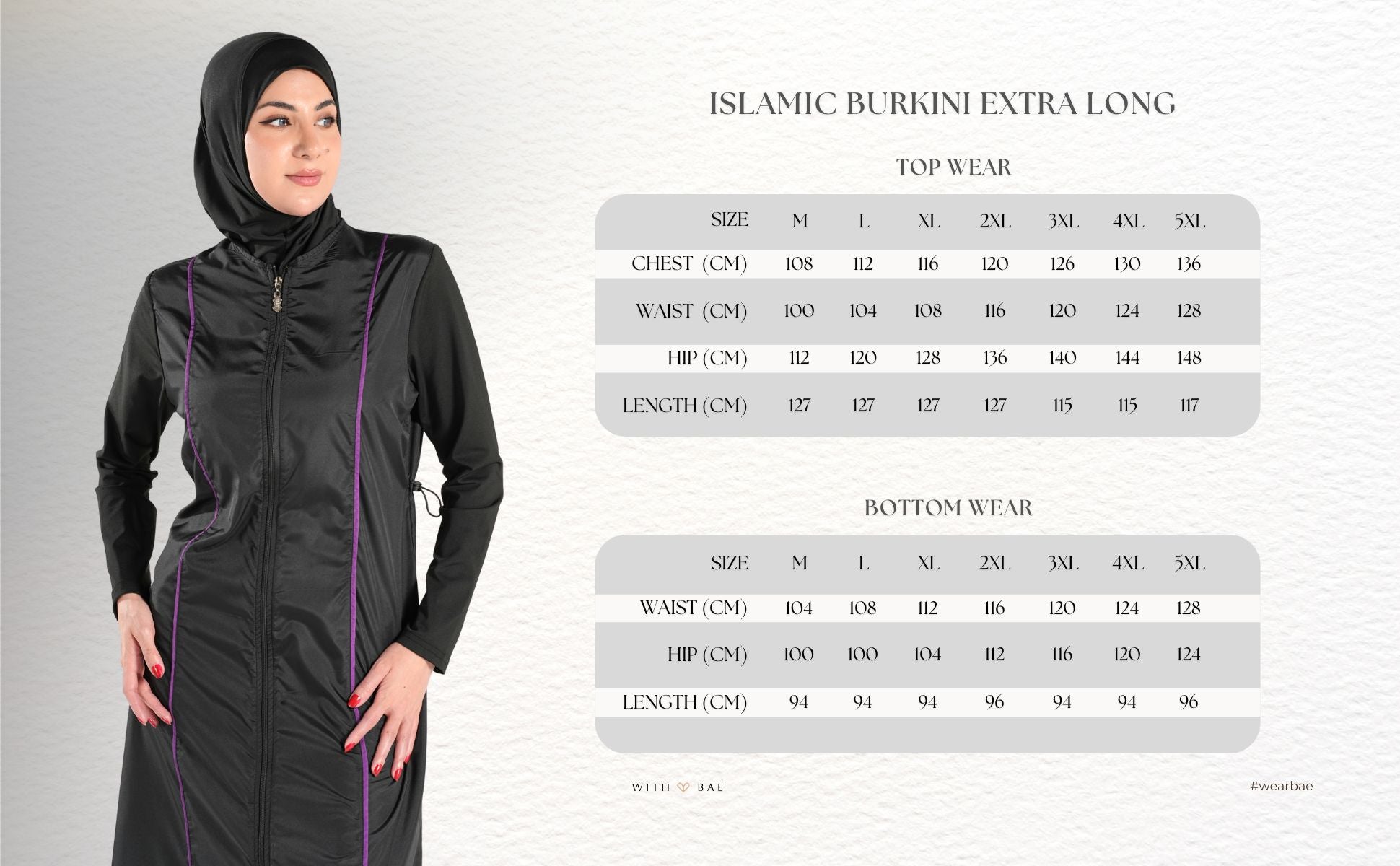 Black BAE Modest extra long burkini Islamic swimwear with matching hijab, designed for modest swimwear and full body coverage.