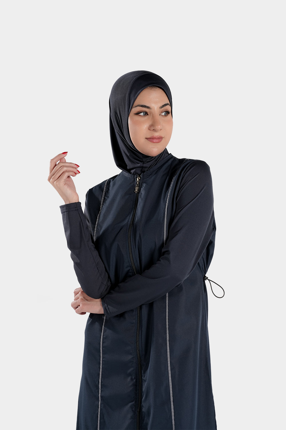 Extra long BAE Modest burkini Islamic swimwear with matching hijab, full coverage swimsuit for women at the beach.