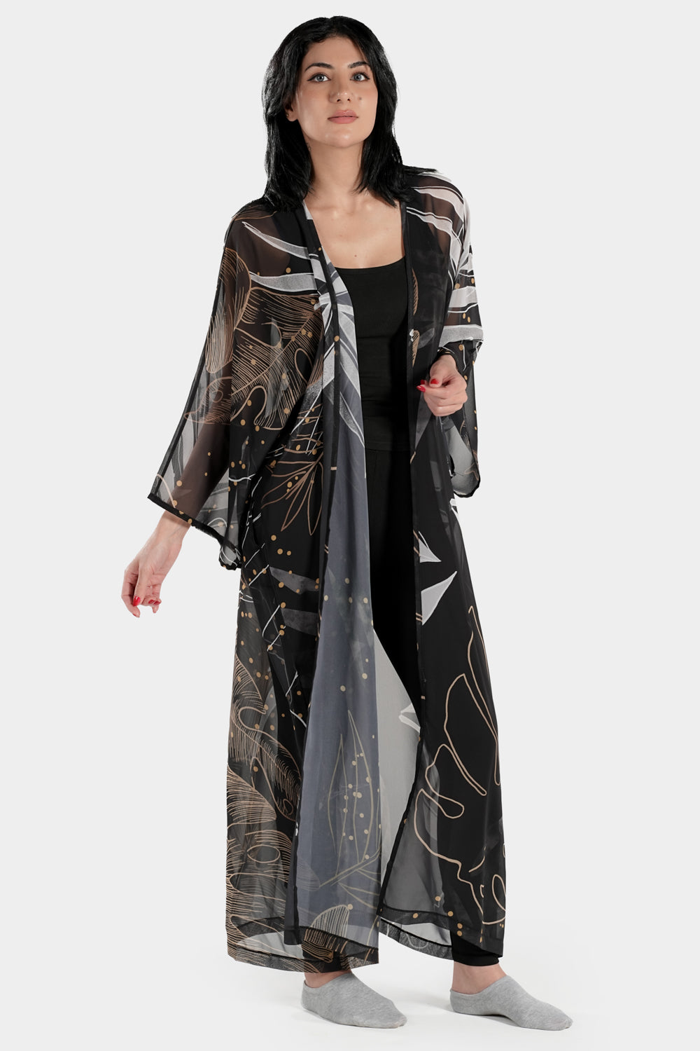 Black and white coral kimono cover-up by BAE Modest, featuring flowing fabric and intricate coral patterns.