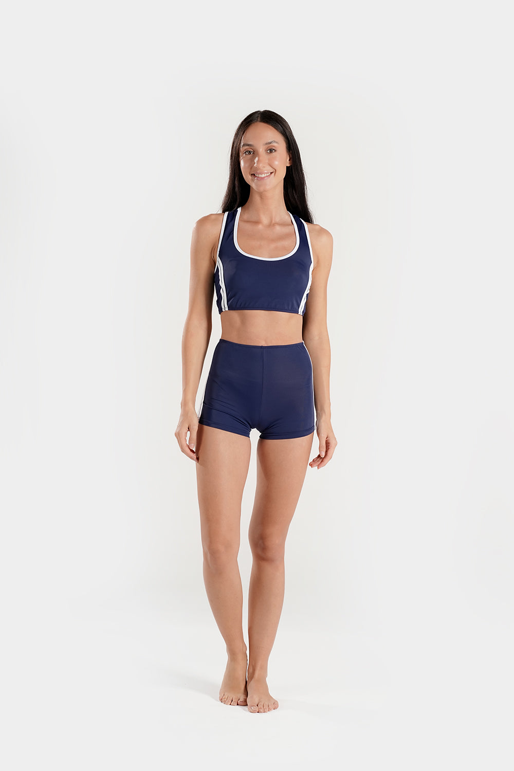 Women's BAE Modest varsity athletic two-piece bikini swimsuit with sporty design and contrasting color panels.