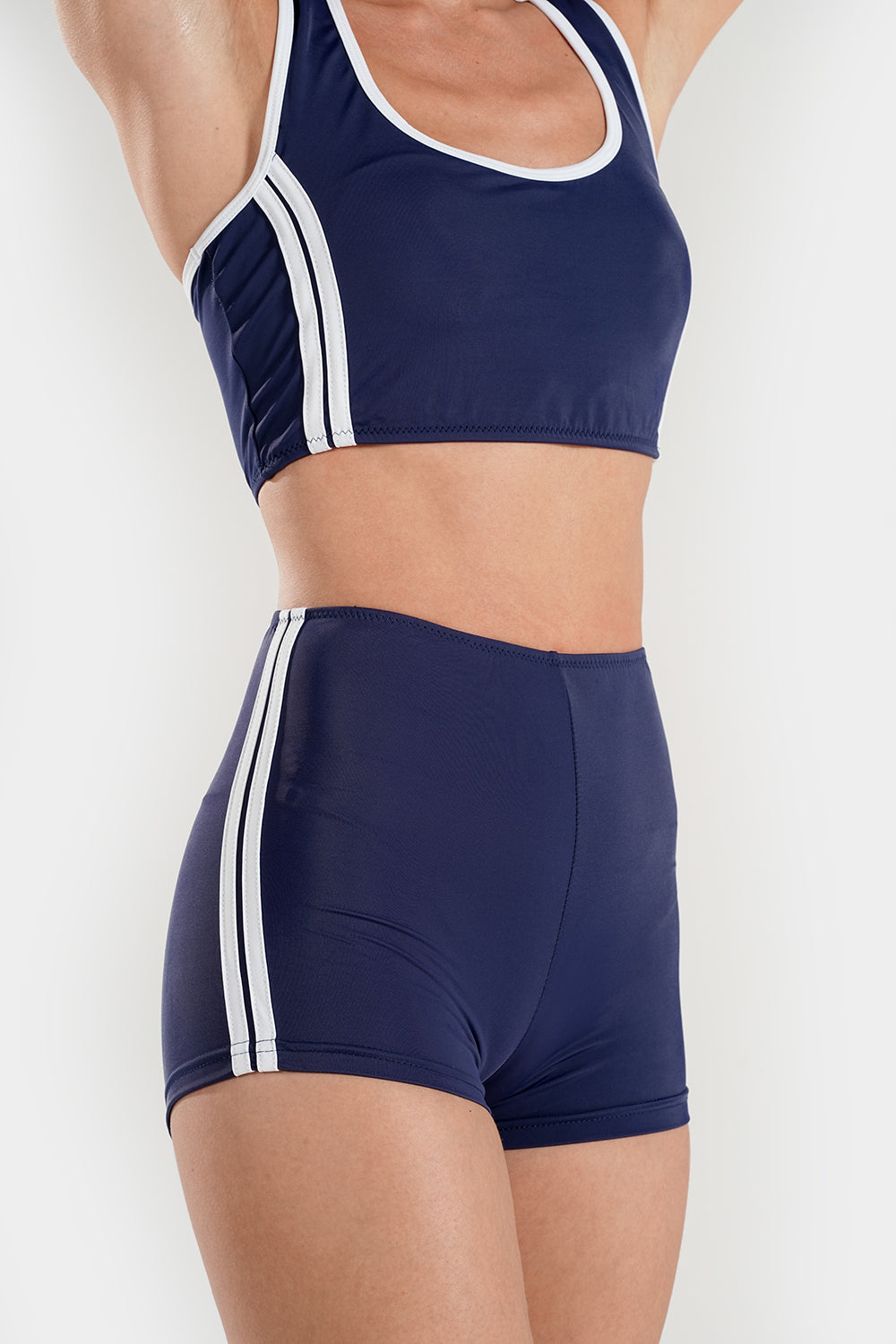 Women's BAE Modest varsity athletic two-piece bikini swimsuit with sporty design and contrasting color panels.