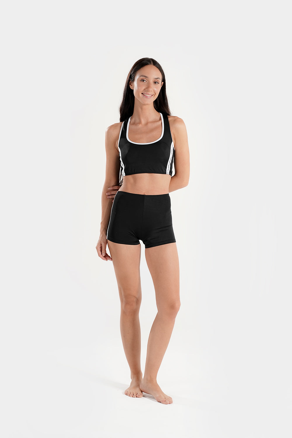 Women's BAE Modest varsity athletic two-piece bikini swimsuit, featuring sporty design and supportive fit, ideal for active swimming.