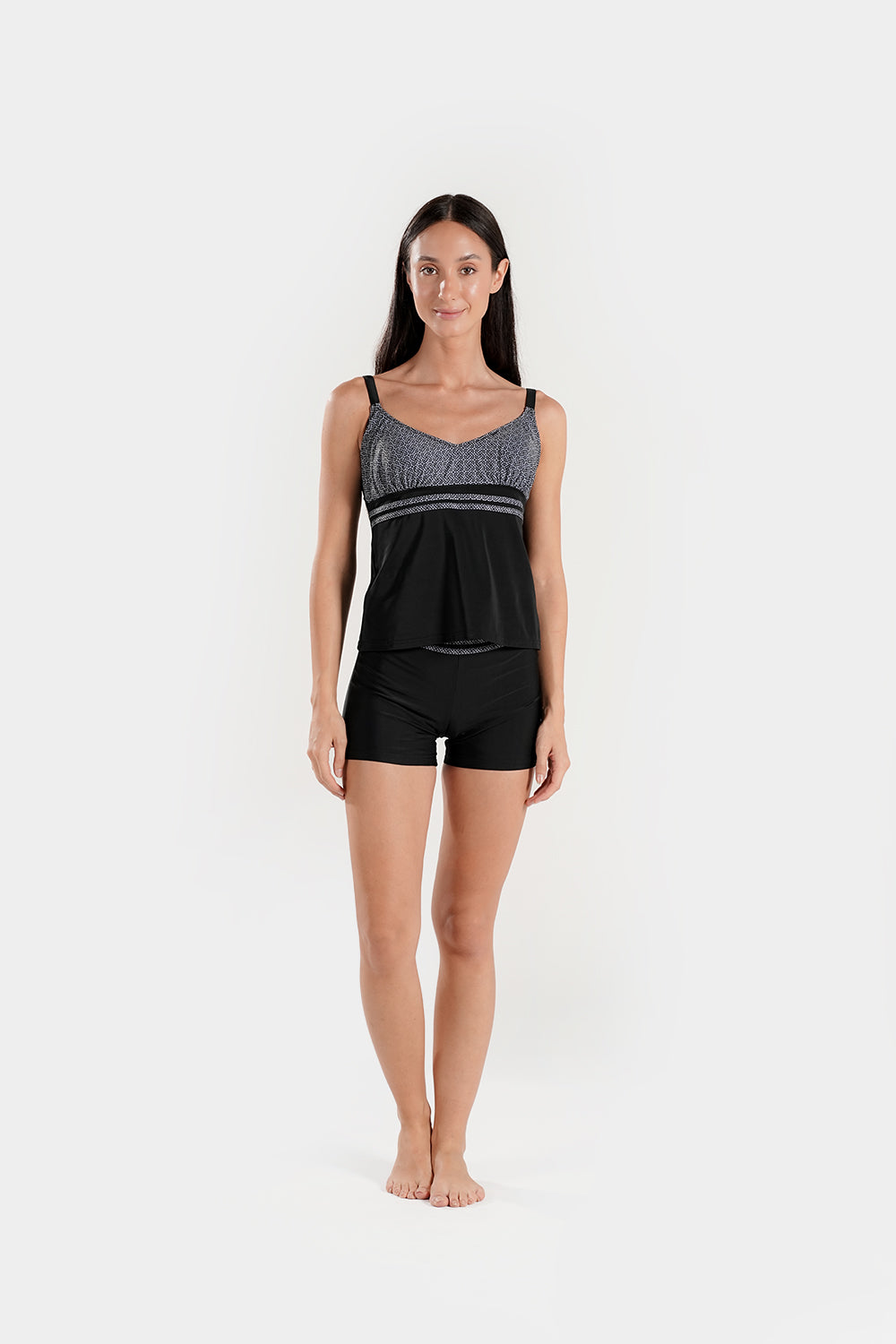 Full coverage BAE Modest tankini with high-waisted shorts, featuring a supportive, modest design for active swimwear.