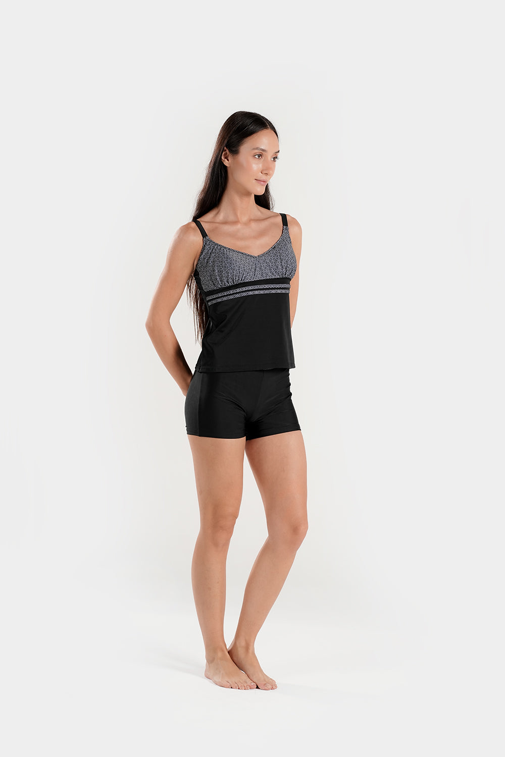 Full coverage BAE Modest tankini with high-waisted short bikini bottoms, perfect for active and modest swimwear.