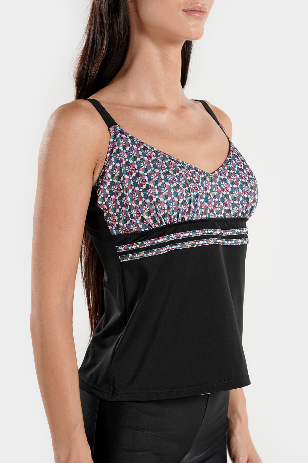 Full coverage BAE Modest tankini with high-waisted shorts, featuring a supportive active tankini top and matching bikini bottoms.