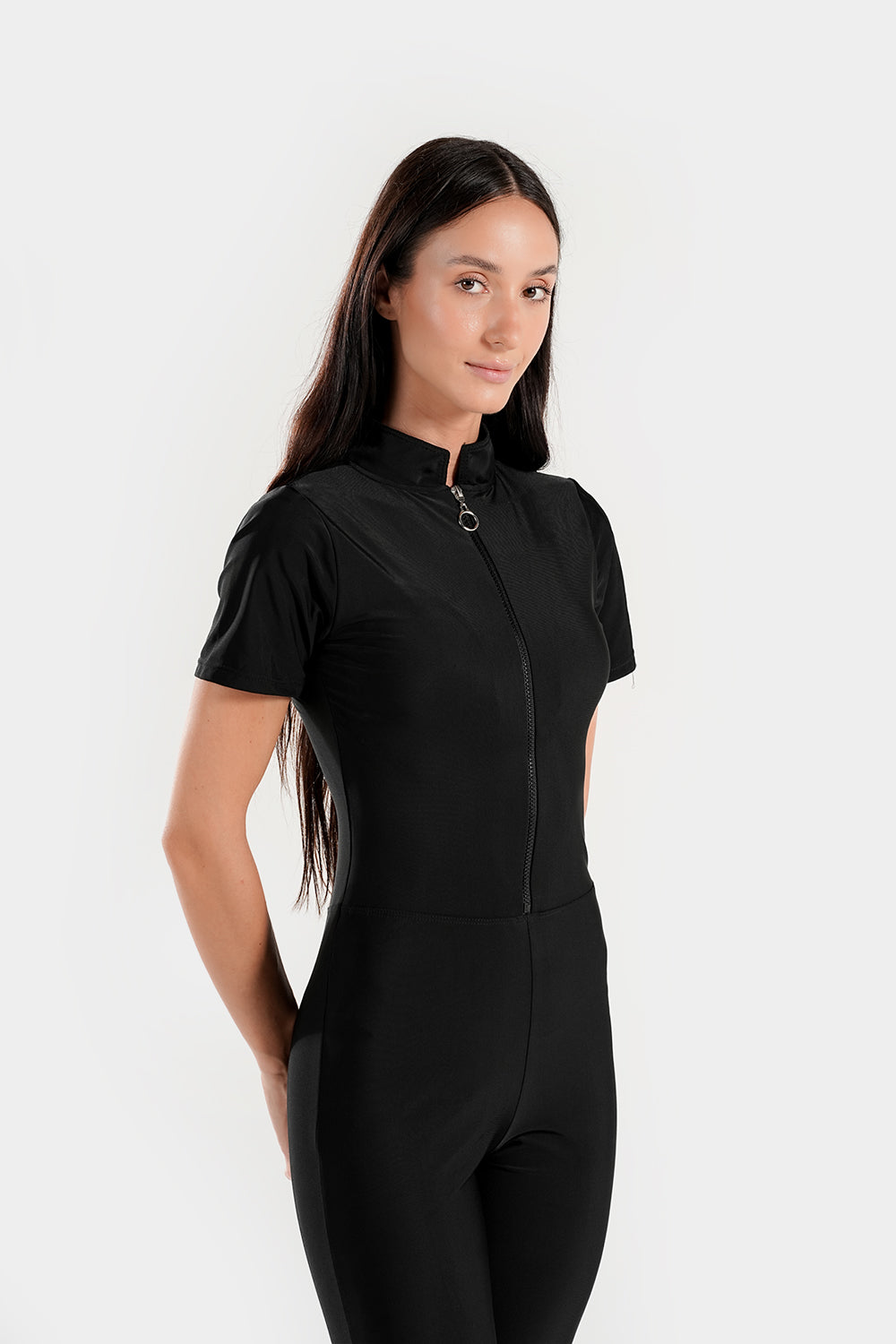 Black BAE Modest one-piece mid-thigh athletic swimsuit with half sleeves, designed for comfortable, modest swimming.
