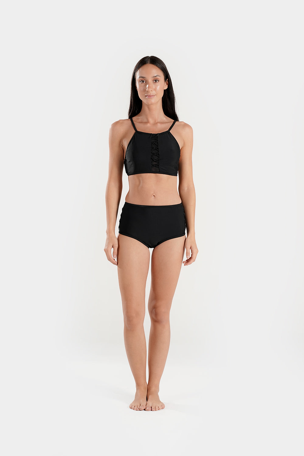 Women's high-neck lattice bikini set by BAE Modest, featuring a stylish high-neck top and matching bikini bottoms.