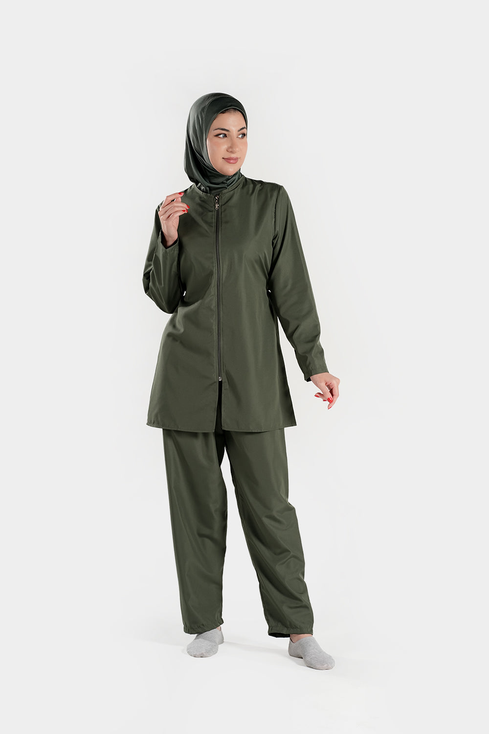 BAE Modest women's mid-length burkini with full sleeves and solid color, includes matching hijab for modest swimwear.