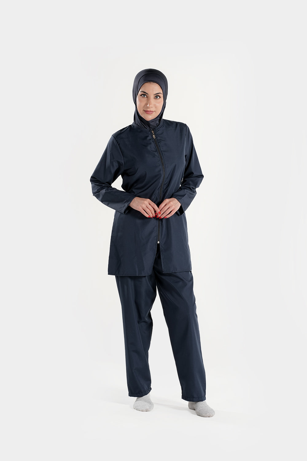 BAE Modest women's burkini with full sleeves and hijab, solid color modest swimwear for women, front view.