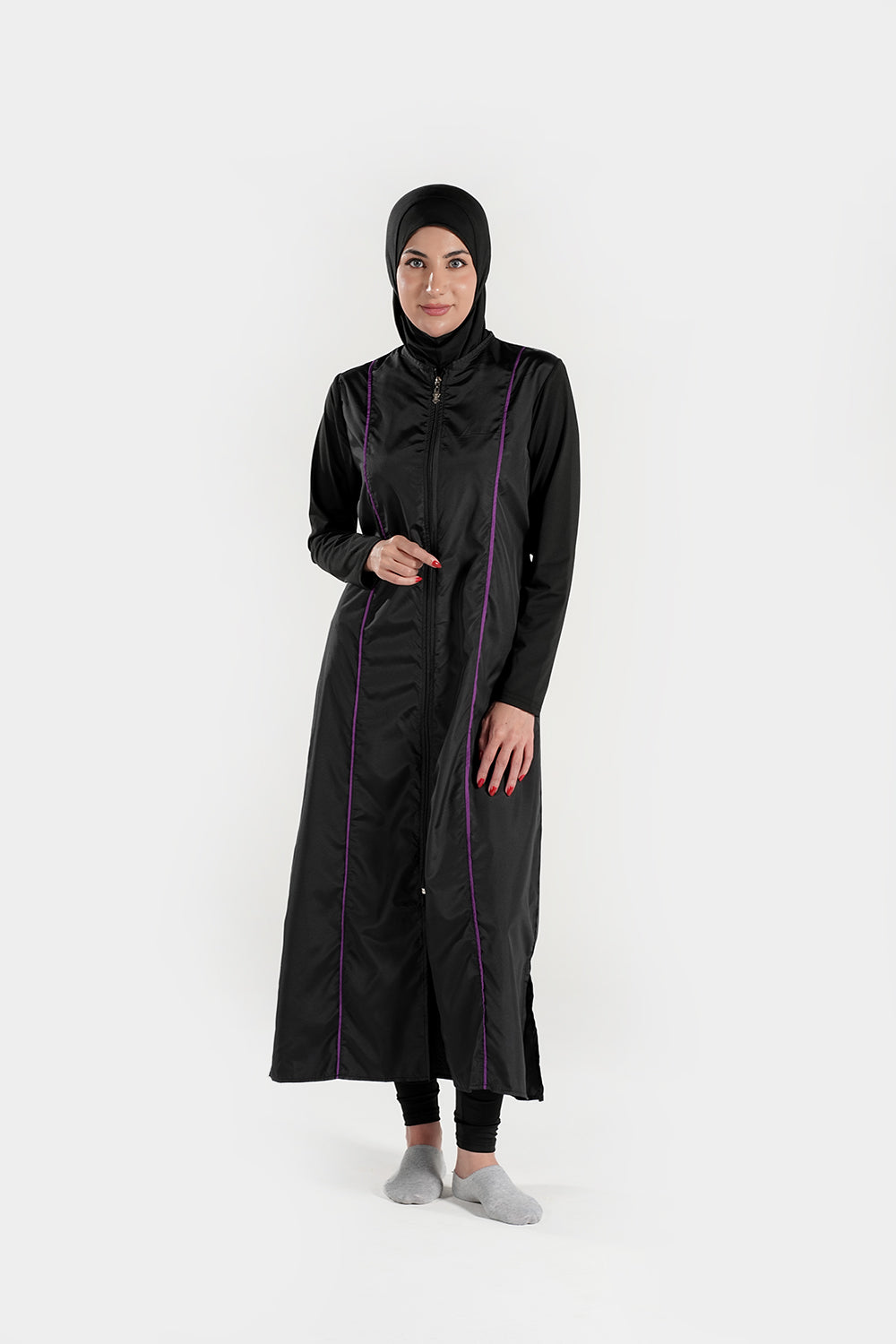 Extra long BAE Modest burkini with hijab, full-coverage Islamic swimwear for women, shown on a model.