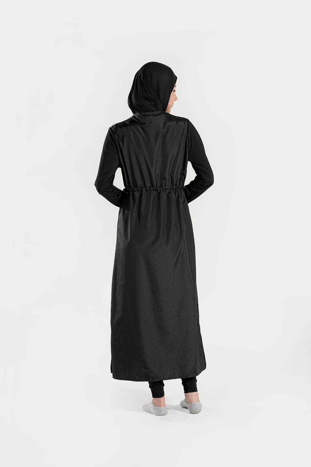 Extra long BAE Modest burkini Islamic swimwear with hijab, full coverage, navy blue fabric, suitable for modest swimming.