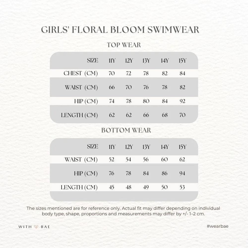 Girls' floral bloom swimwear by BAE Modest, girls' lycra swimwear with colorful floral pattern and square neckline.
