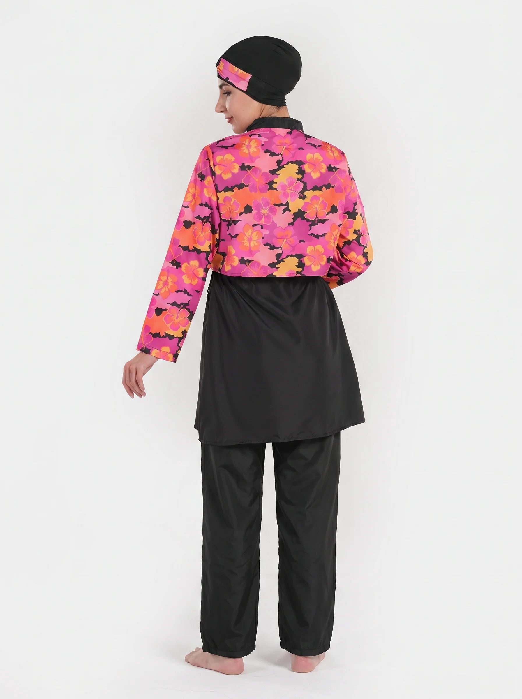 Waterproof floral bloom modest swimwear set by BAE Modest, featuring a 3-piece swimwear with floral patterns and full coverage.