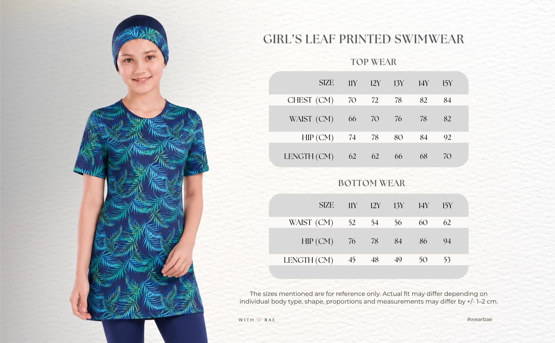 Girl’s leaf printed BAE Modest girls’ lycra swimwear, featuring vibrant leaf pattern and comfortable fit for swimming and beach days.