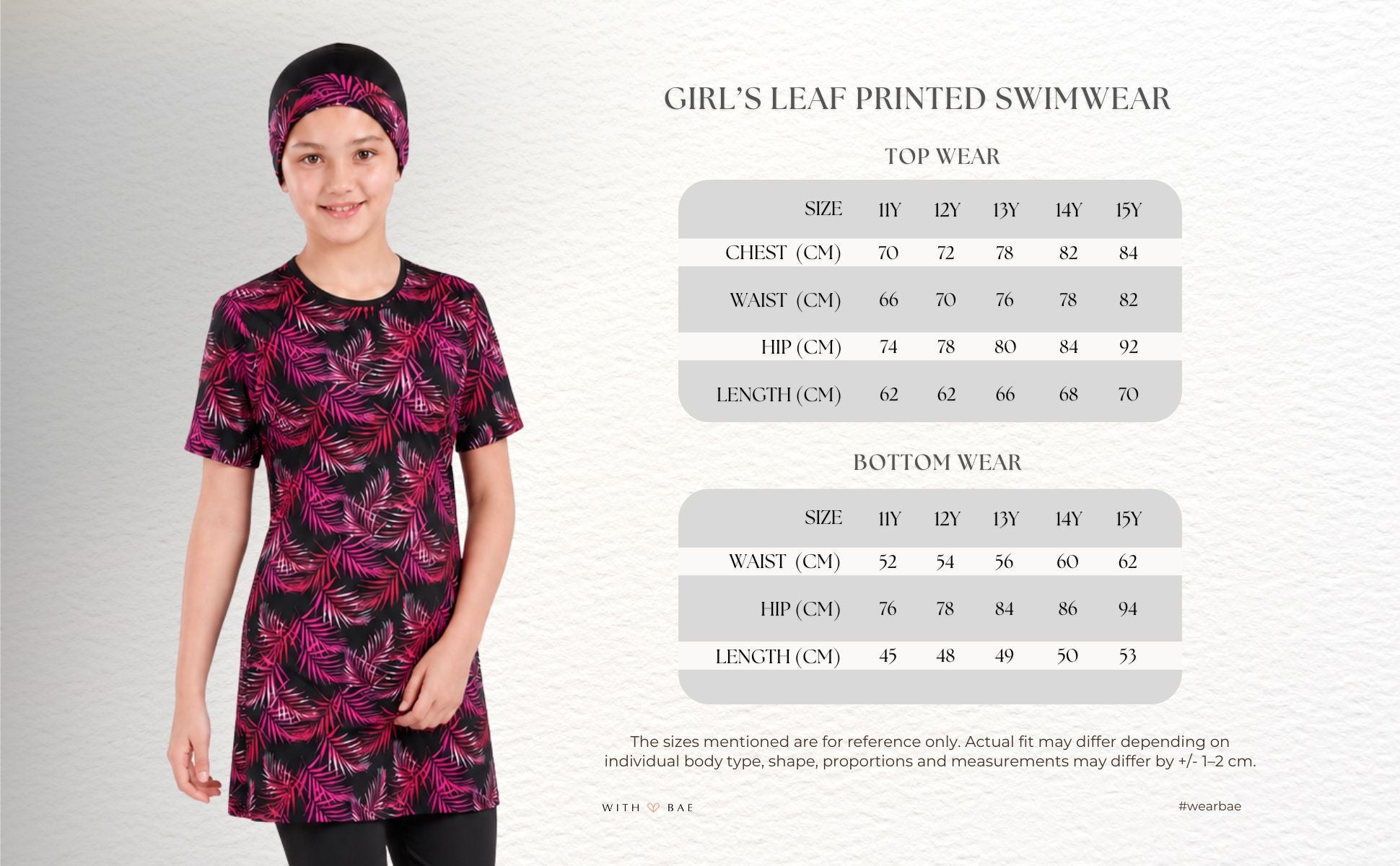 Girl’s leaf-printed BAE Modest girls' lycra swimwear, featuring a colorful leaf pattern on a comfortable swimsuit.