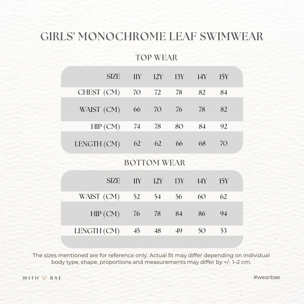 Girls' monochrome leaf print lycra swimwear by BAE Modest, featuring a stylish and comfortable design for swimming and beach wear.
