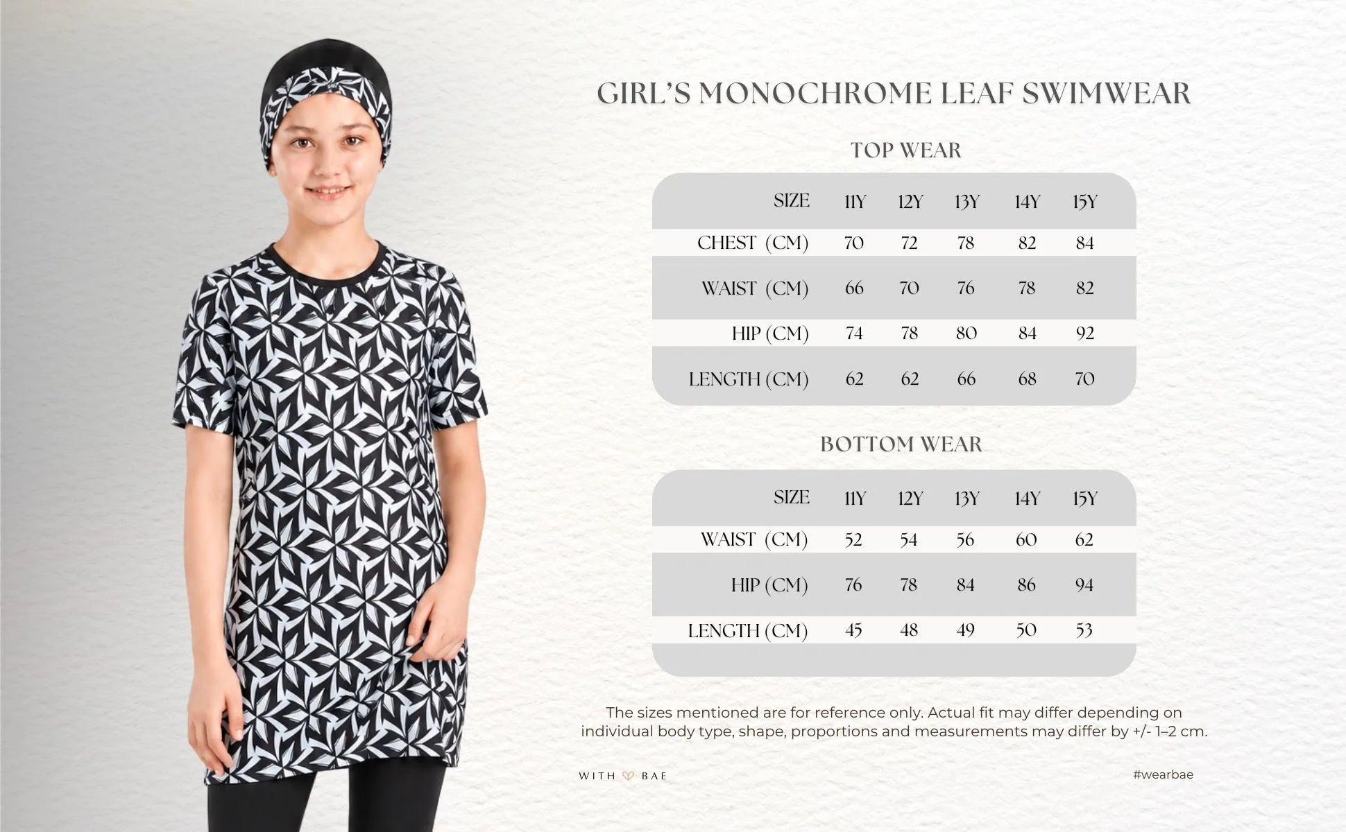 Girls' monochrome leaf print BAE Modest lycra swimwear, featuring a stylish and modest design suitable for swimming.