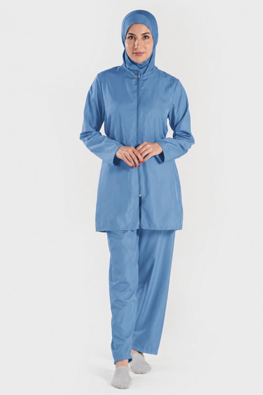 BAE Modest women’s mid-length full sleeves solid color burkini with hijab, available in size S-2XL, in a skylight blue shade