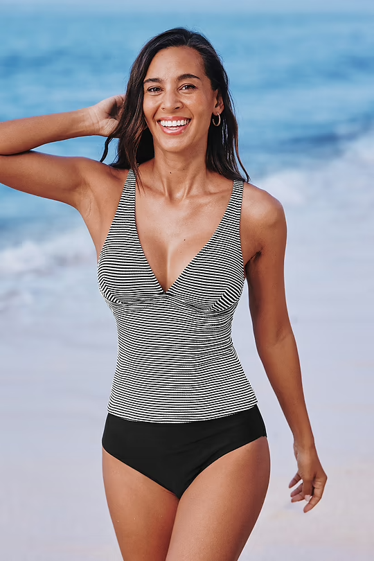 BAE Striped Plunging Tankini Top & Standard Black Bottoms Set