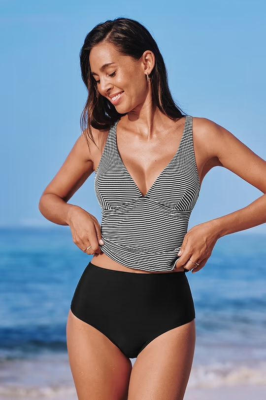 BAE Striped Plunging Tankini Top & Standard Black Bottoms Set