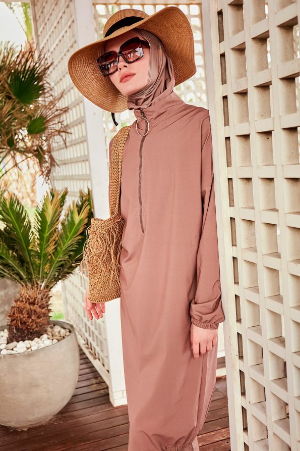 Beige Elegant Woven Full Burkini Swimwear