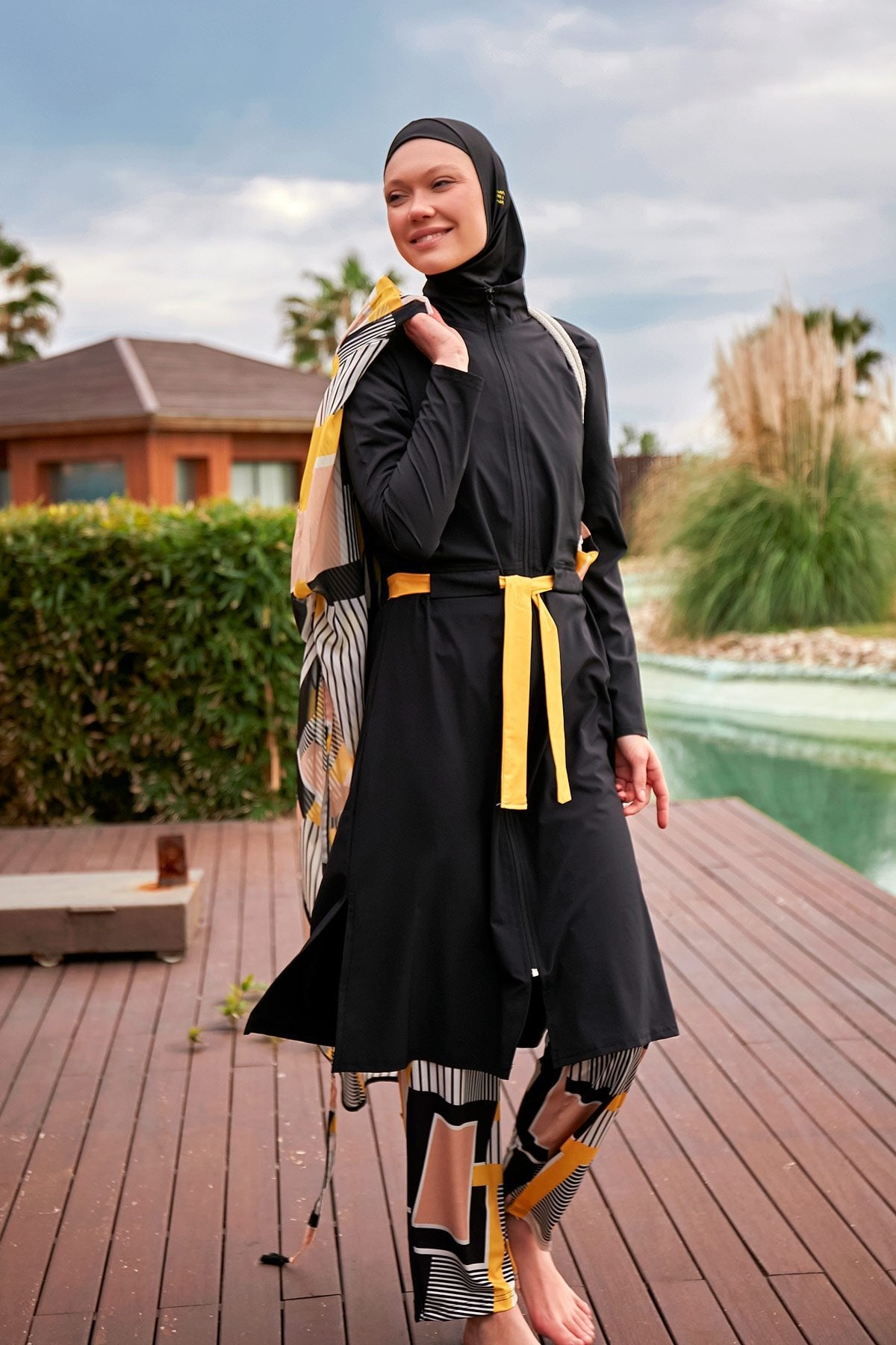 Parachute Fabric Black and Yellow Design Fully Covered Hijab Swimsuit Burkini