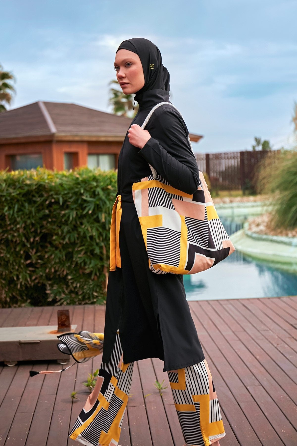 Parachute Fabric Black and Yellow Design Fully Covered Hijab Swimsuit Burkini