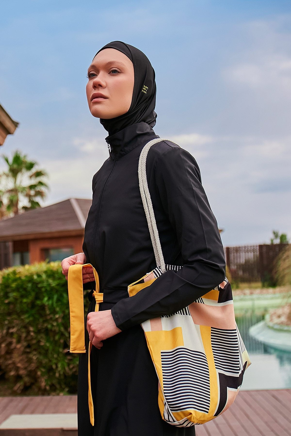 Parachute Fabric Black and Yellow Design Fully Covered Hijab Swimsuit Burkini