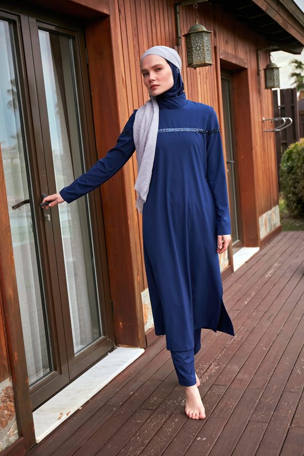 Blue 4-Piece Parachute Full-Coverage Modest Swimwear with Hijab