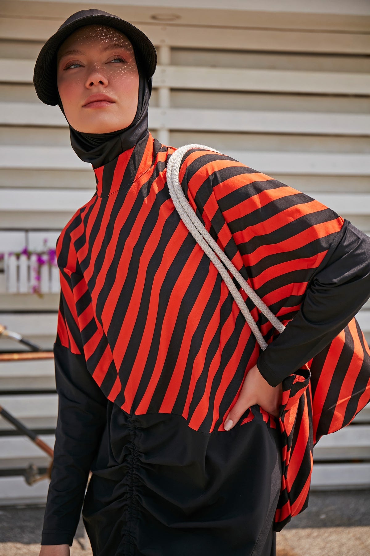 Orange & Black Stripes Parachute Burkini Swimwear with Hijab