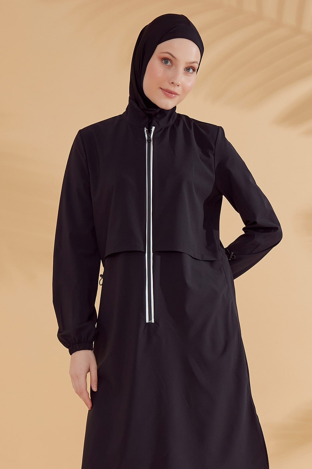 Black with White Front Zip Parachute Full Burkini Swimwear with Hijab