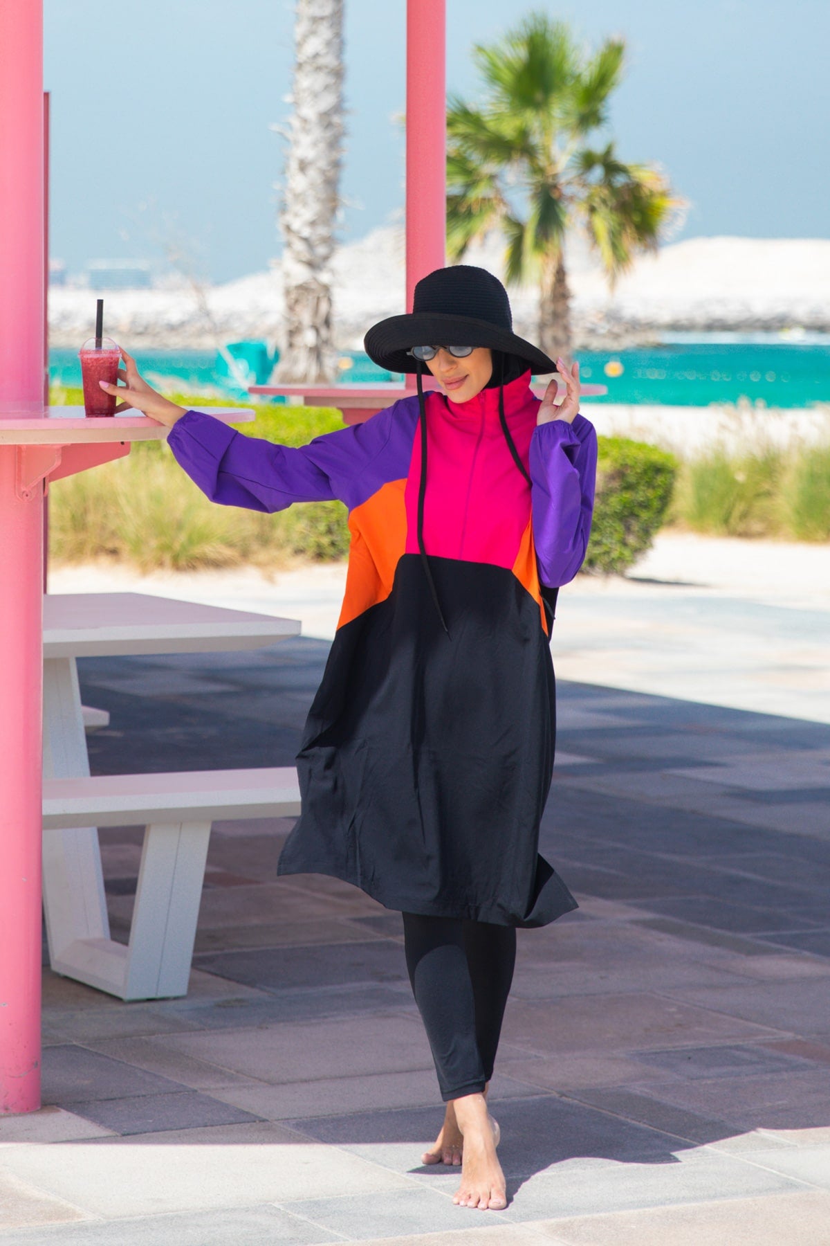 Purple, Pink & Orange 4-Piece Parachute Full-Coverage Modest Swimwear with Hijab