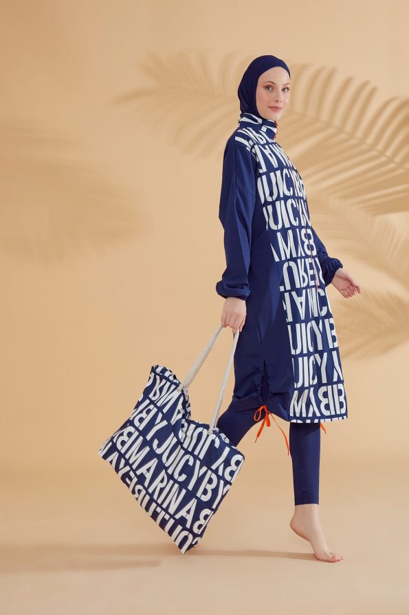 Patterned Blue 4-Piece Parachute Full-Coverage Modest Swimwear