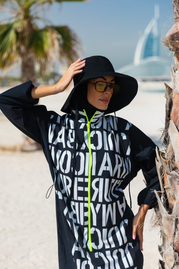 Patterned Black 4-Piece Parachute Full-Coverage Modest Swimwear