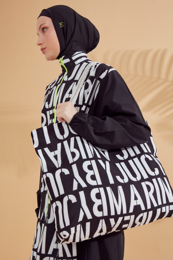 Patterned Black 4-Piece Parachute Full-Coverage Modest Swimwear