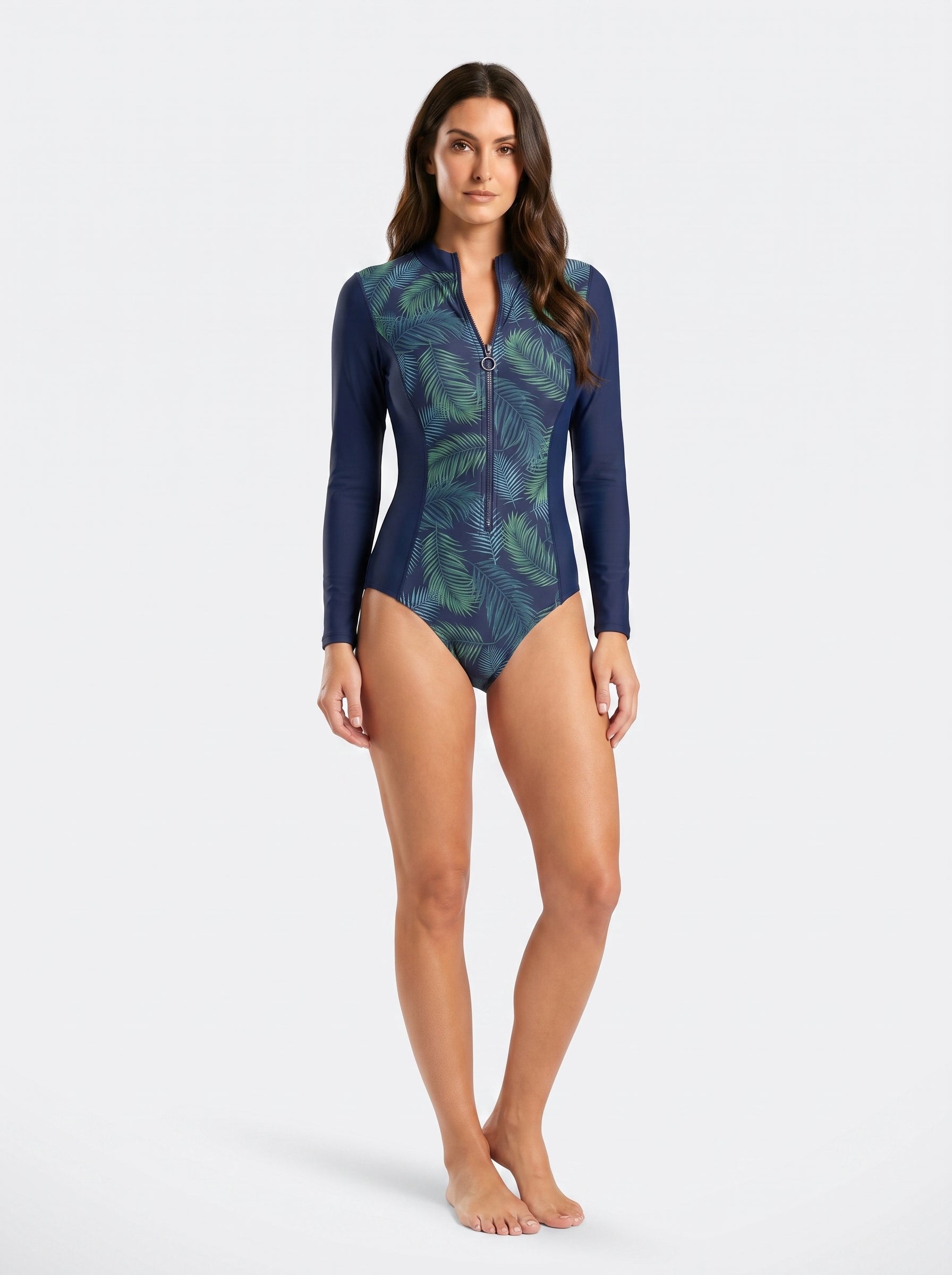 Tropical Breeze long-sleeve swimsuit by BAE Modest featuring vibrant tropical print and full coverage for beach or pool.